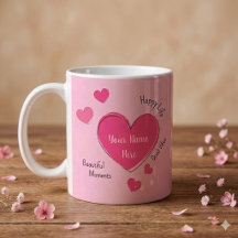 Taza de café personalizada con corazones rosados