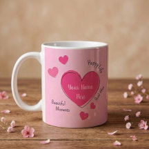 Taza de café personalizada con corazones rosados