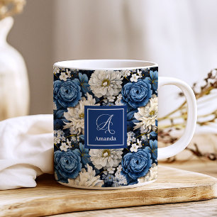 Taza de café personalizada con flores azules de di