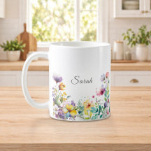 Taza de café personalizada con flores en acuarela