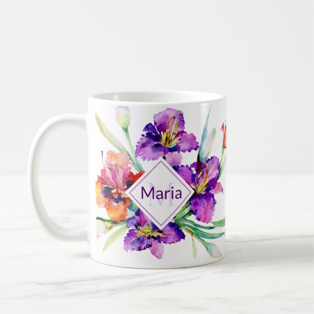 Taza de café personalizada con Iris acuarela púrpu (Izquierda)