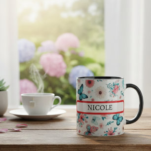 Taza de café personalizada con mariposa floral par