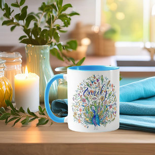 Taza de café personalizada con pavo real floral ac