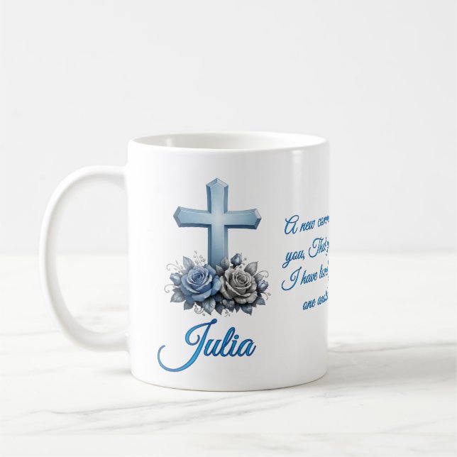 Taza de café personalizada con rosa Juan 13:34 (Izquierda)