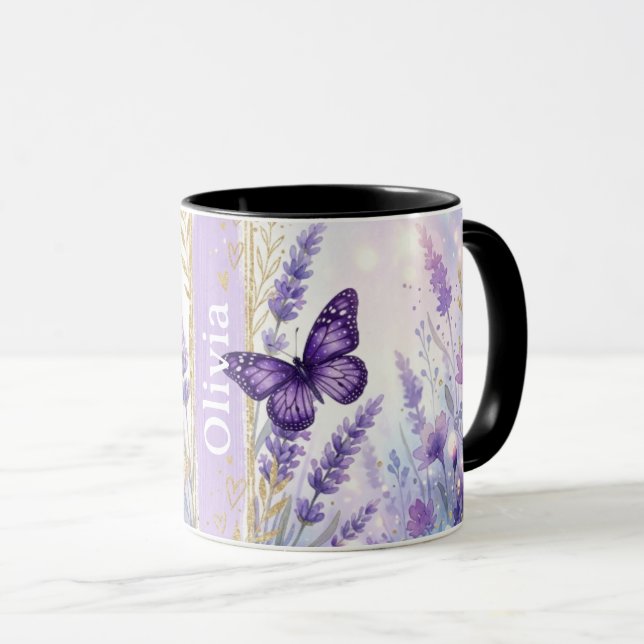Taza de café personalizada de mariposa de lavanda  (Anverso derecho)
