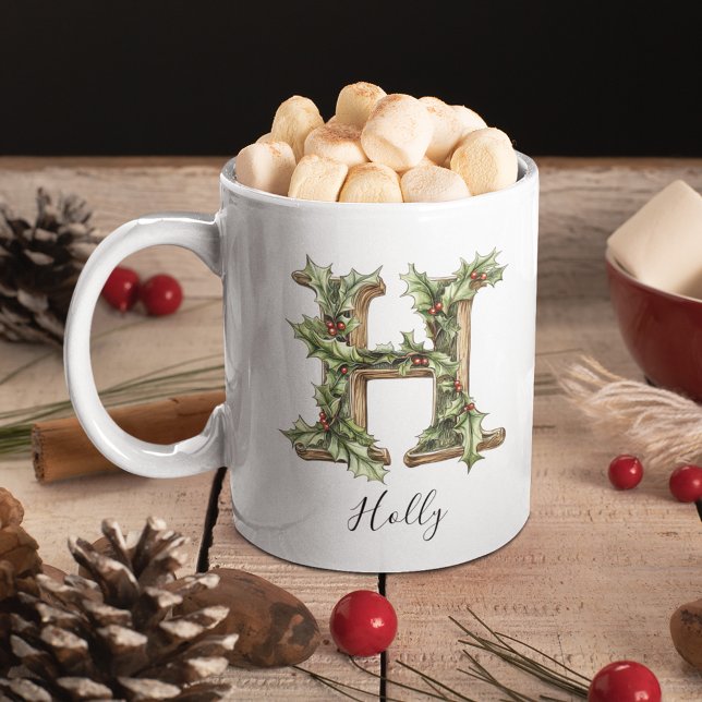 Taza de café personalizada de Navidad con la letra (Holly Letter H Personalized Christmas Coffee Mug)
