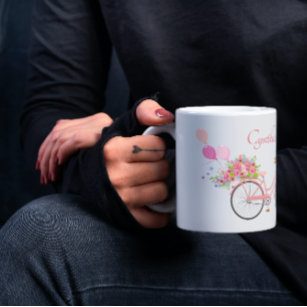 Taza De Café Personalizada la bicicleta floral rosa caprichosa