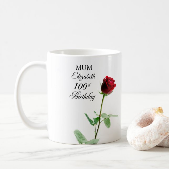 Taza De Café Personalizada la flor roja de rosa roja de cumplea (Con donut)