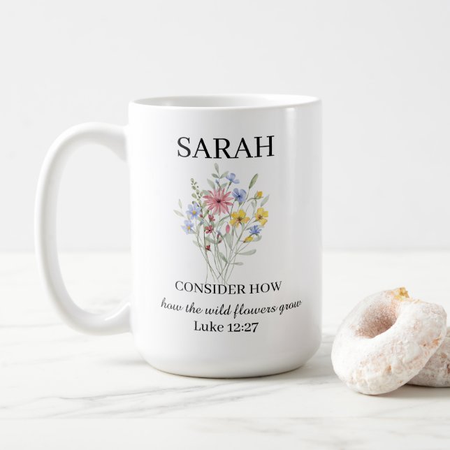 Taza de café personalizada Lucas 12:27 (Con donut)