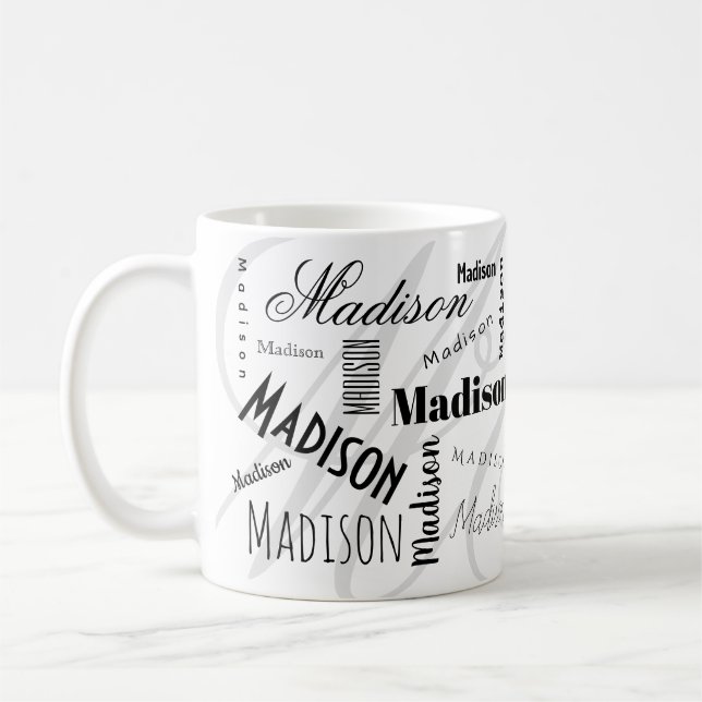 Taza de café personalizada Madison negra y blanca (Izquierda)