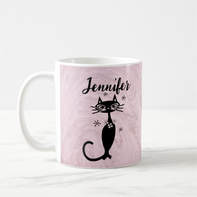 Taza de café personalizada Retro Atomic Black Cat (Izquierda)
