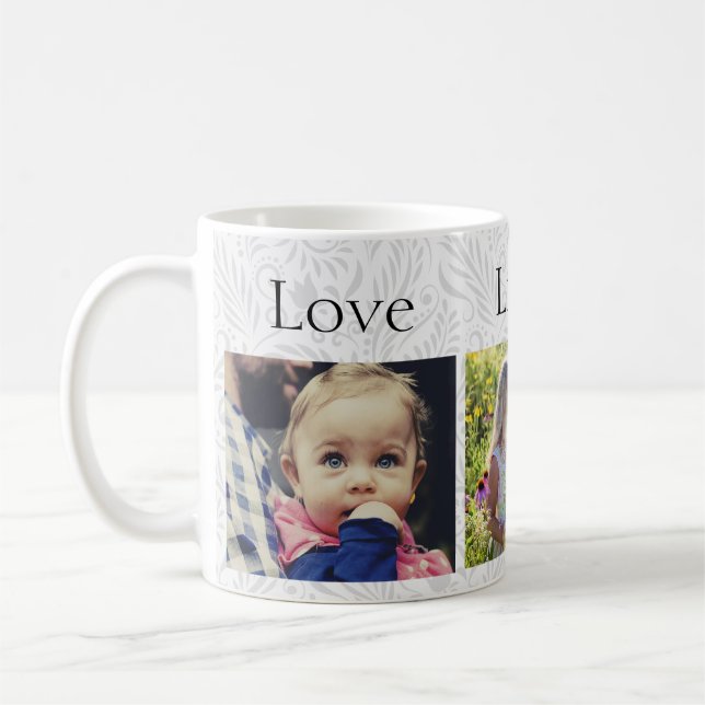 Taza De Café Personalizado 3 Foto/ Elegante Floral gris Minimal (Izquierda)