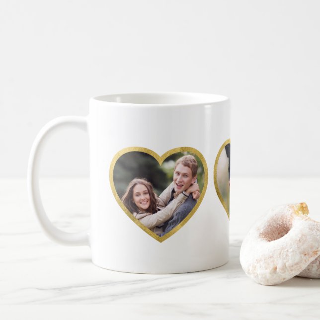 Taza De Café Personalizado 3 Photo Hearts Faux Gold Border (Con donut)