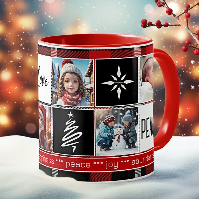 Taza De Café Personalizado 5 fotos Navidades de la placa roja b (Christmas mug showing 5 custom photos on a black, white and red plaid design with tree and snowflake)