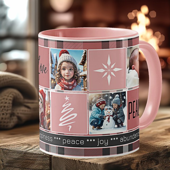 Taza De Café Personalizado 5 Fotos Navidades Dulces De Papel Ro (Christmas mug featuring 5 custom photos on a sweet pink plaid design with tree and snowflake outline)