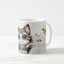 Taza De Café Personalizado Adorable Tabby Cat, flores y maripos
