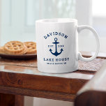 Taza De Café Personalizado azul de la Marina Náutica Casa del L<br><div class="desc">La taza de café "Lake House" de la lana náutica cuenta con un ancla de barco de estilo costero y un diseño de tipografía de estilo clásico. Personalice el texto del personalizado con un apellido familiar casa lacustre (u otro título), el año establecido, y ubicación. Combinación clásica de colores azul...</div>