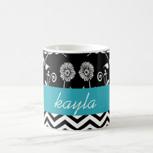 Taza De Café Personalizado Chevron y Floral Verde Azulado Blanc