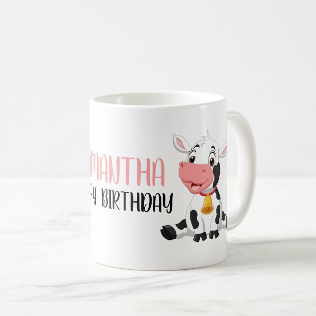 Taza De Café Personalizado Cute Baby Cow Feliz Cumpleaños (Anverso derecho)