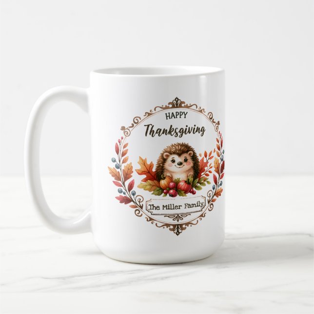 Taza De Café Personalizado Cute Hedgehog Feliz Día de Gracias (Izquierda)