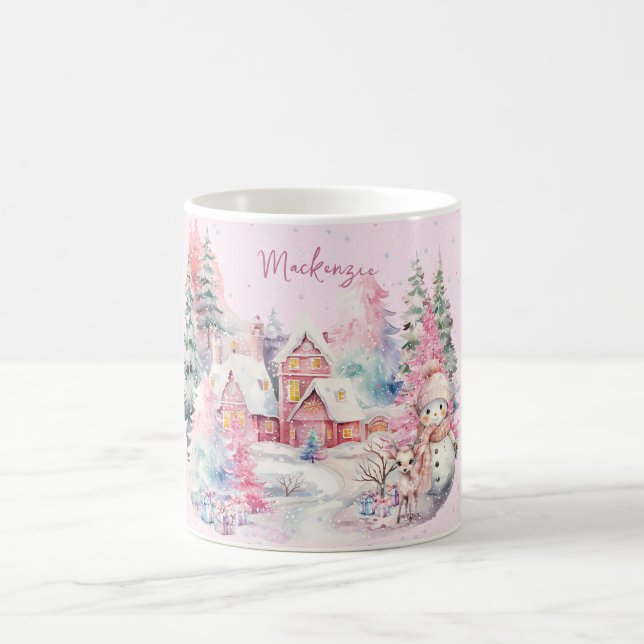 Taza De Café Personalizado Cute Pink Snowman Winter Wonderland (Centro)