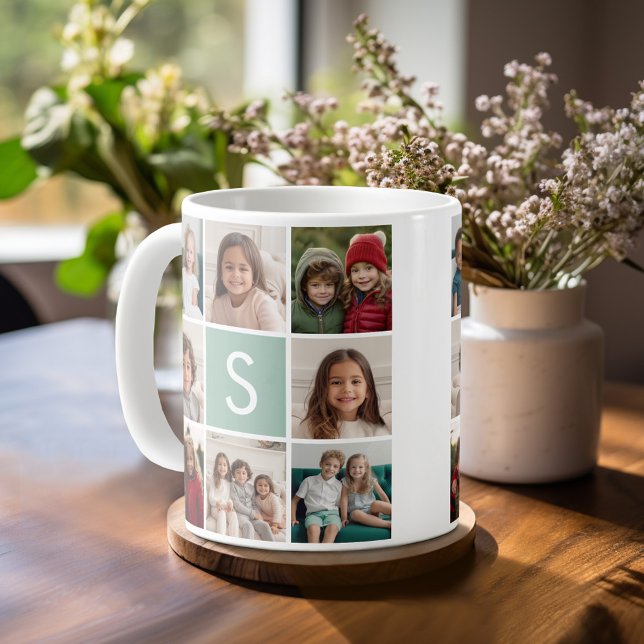 Taza De Café Personalizado de collage de fotos Monograma Mint V (Mug template with 8 photos and a Monogram)