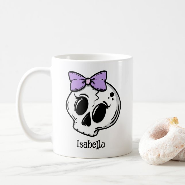 Taza De Café Personalizado de cráneo de Halloween con púrpura (Con donut)