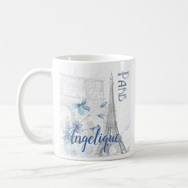 Taza De Café Personalizado de Escena de París y Flores Azules (Izquierda)