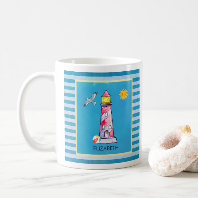 Taza De Café Personalizado de faro de color de agua de rayas ro (Con donut)