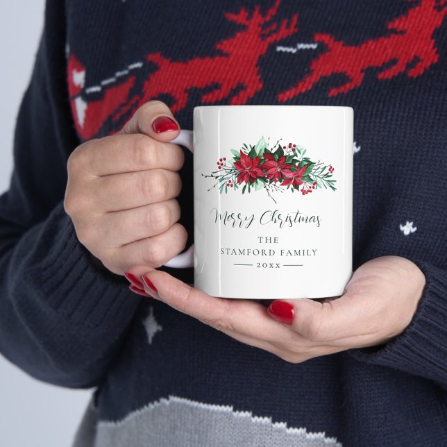 Taza De Café Personalizado de feriado de Navidades de Poinsetti (Poinsettia Floral Christmas White 11oz Coffee Mug)