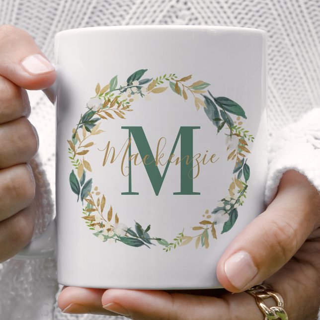 Taza De Café Personalizado de flor de oro verde Monograma (Subido por el creador)