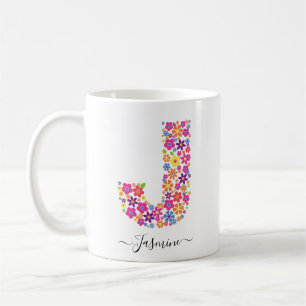 Taza De Café Personalizado de flores monogramo Texto - Letra fl