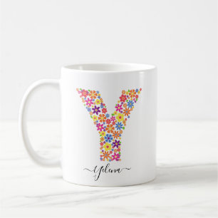Taza De Café Personalizado de flores monogramo Texto - Letra fl