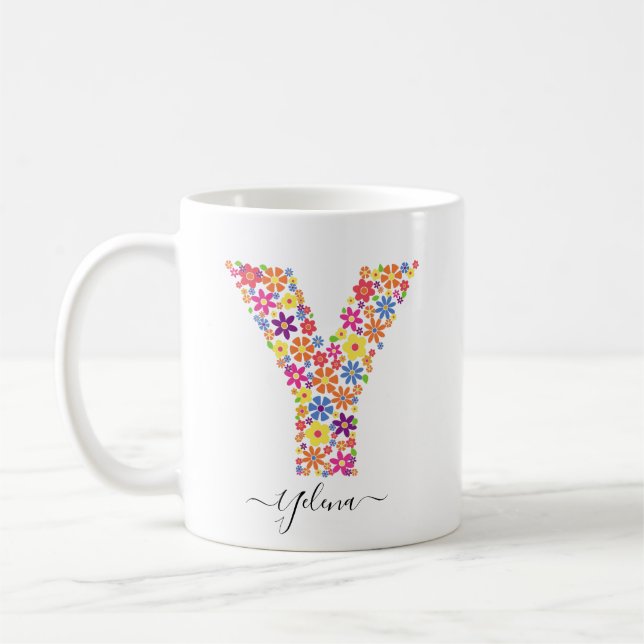 Taza De Café Personalizado de flores monogramo Texto - Letra fl (Izquierda)