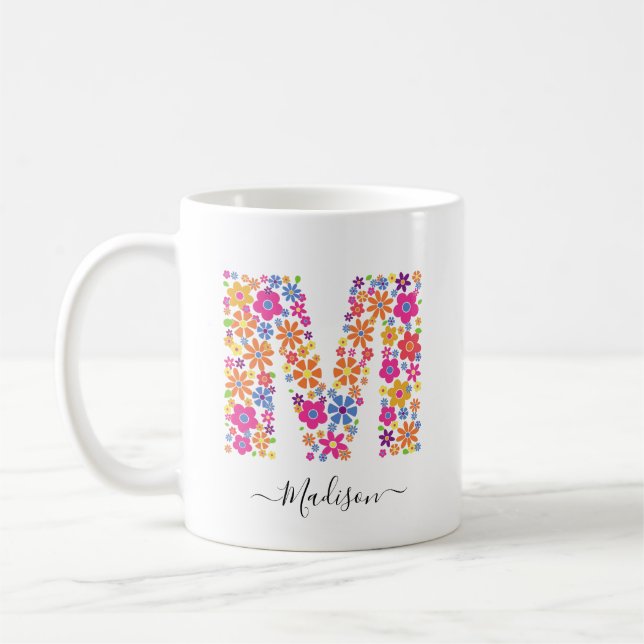 Taza De Café Personalizado de flores monogramo Texto - Letra fl (Izquierda)
