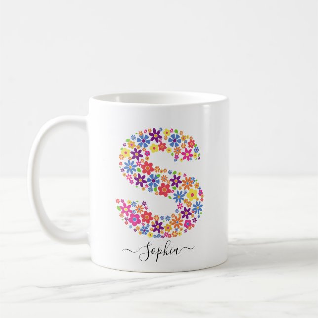 Taza De Café Personalizado de flores monogramo Texto - Letra fl (Izquierda)