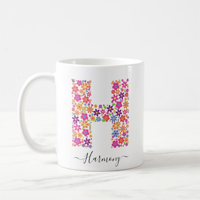 Taza De Café Personalizado de flores monogramo Texto - Letra fl (Izquierda)