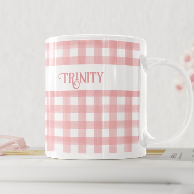 Taza De Café Personalizado de Gingham Plaid rosa y blanco clási (Subido por el creador)