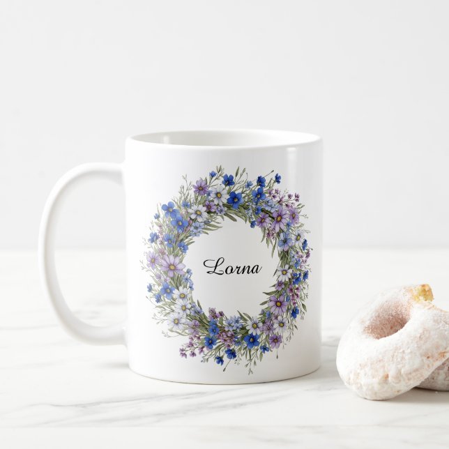 Taza De Café Personalizado de guirnaldas azul y púrpura (Con donut)