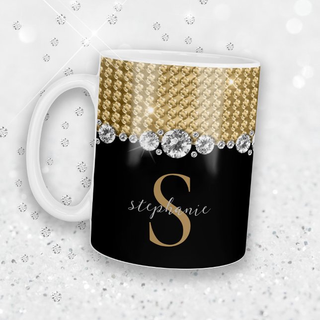 Taza De Café Personalizado de Monograma Elegante y Brillante Di (Diamonds Gold Black Elegant Shiny Monogram Custom Coffee Mug)
