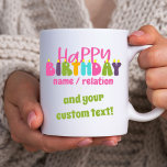 Taza De Café Personalizado de nombre de cumpleaños feliz Velas<br><div class="desc">Mugre feliz de cumpleaños que puedes personalizar para cualquier niño, profesor o joven amigo o pariente del corazón. También puede agregar su propio texto personalizado como "y hola treinta" o "eres el mejor" por ejemplo. El diseño tiene velas coloridas con una tipografía atractiva y caprichosa retro en rosa, púrpura, verde...</div>