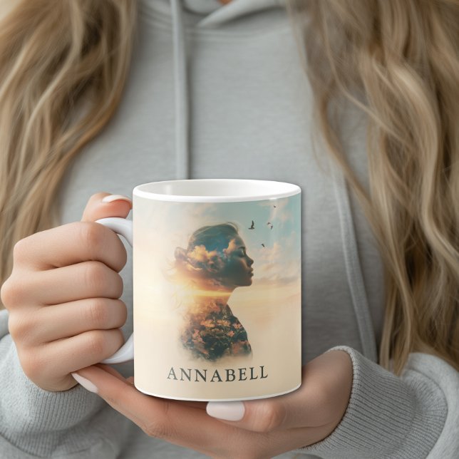 Taza De Café Personalizado de silueta romántica (Romantic Woman Nature Silhouette Custom Coffee Mug with your Name or Text)