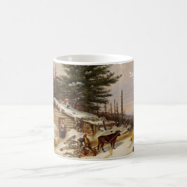 Taza De Café Personalizado de texto de Winter Log House (Centro)