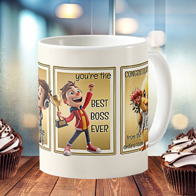 Taza De Café Personalizado divertido mejor jefe de la historia (Mug featuring cute cartoon characters announcing the best boss ever.)