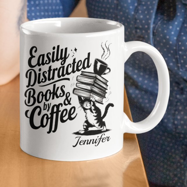 Taza De Café Personalizado Fácilmente Distraído Por Libros & (Bookworms coffee mug with a cat )
