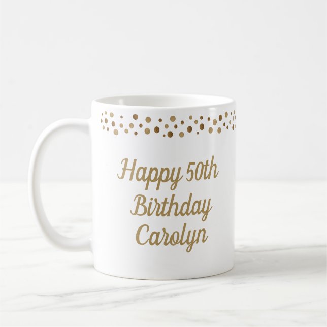 Taza De Café Personalizado Feliz 50 cumpleaños oro de confeti (Izquierda)