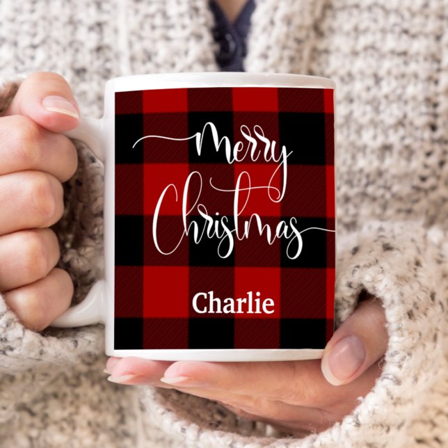 Taza De Café Personalizado, Feliz Navidad, Red y Black Plaid (Subido por el creador)