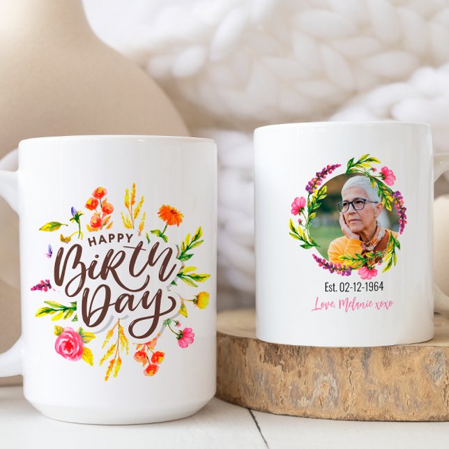 Taza De Café Personalizado Floral Feliz cumpleaños. Fotografía (Subido por el creador)