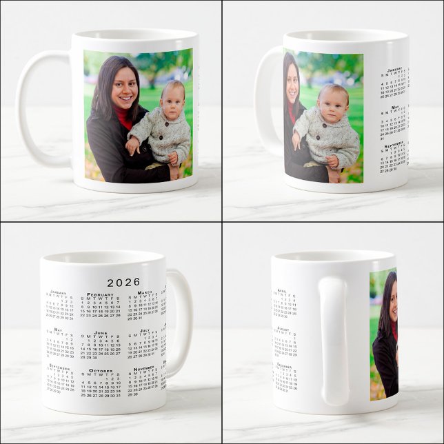 Taza De Café Personalizado Foto 2026 Calendario de café Mug (Custom Photo 2026 Calendar Coffee Mug, multiple views)