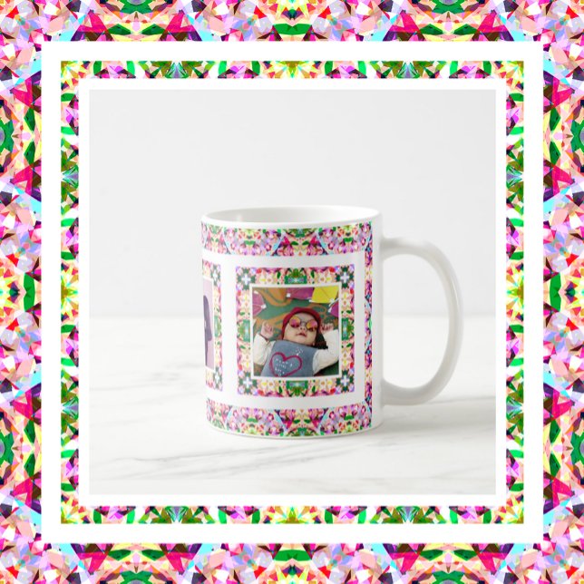 Taza De Café Personalizado foto Mamá del Día de la Madre Verde  (Vibrant Pink and Happy Green Three Custom Photo Mother’s Day Keepsake Tea and Coffee Mug )